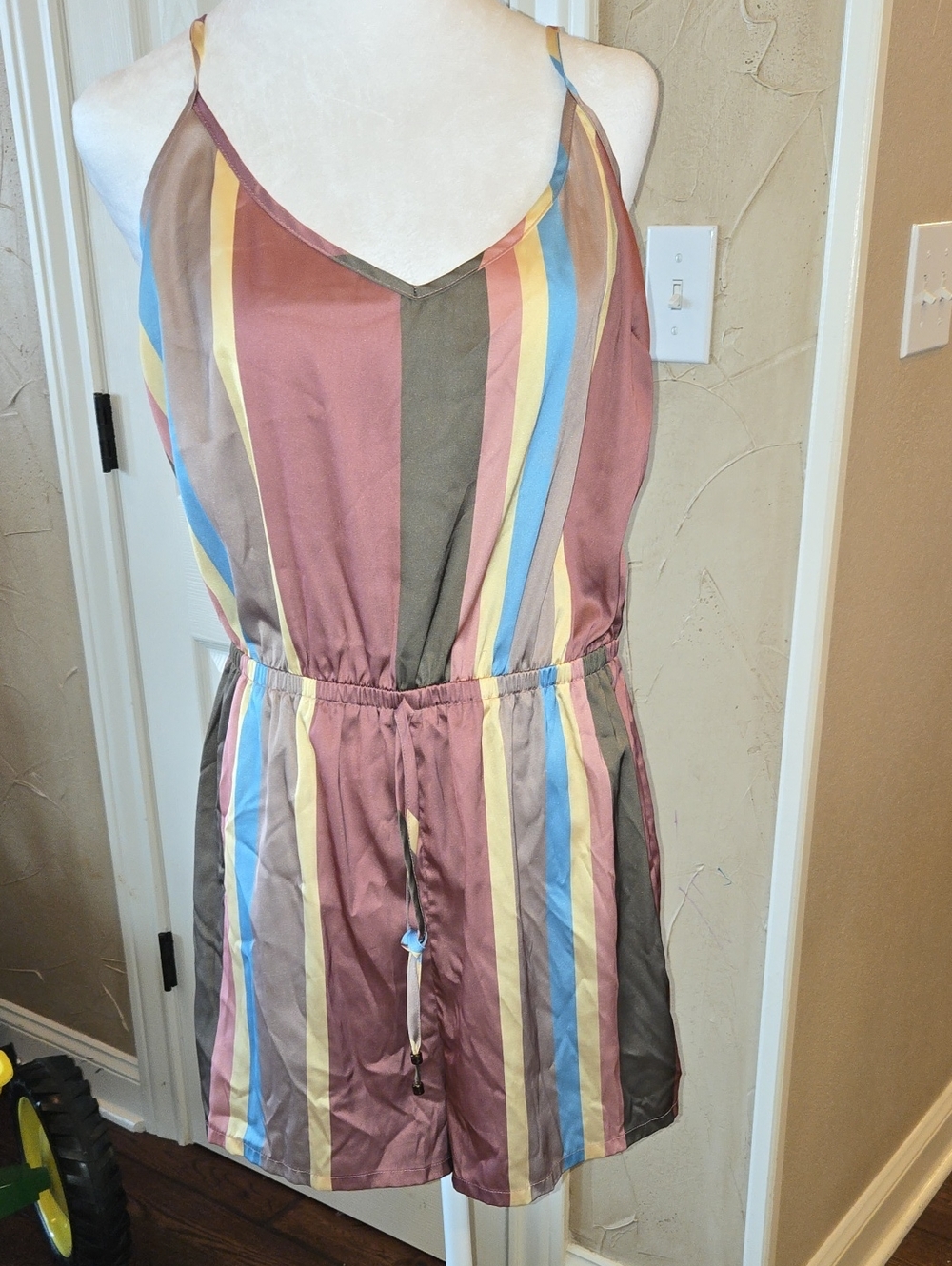 GBG Los Angeles Pink and Multicolor Striped Satin Romper